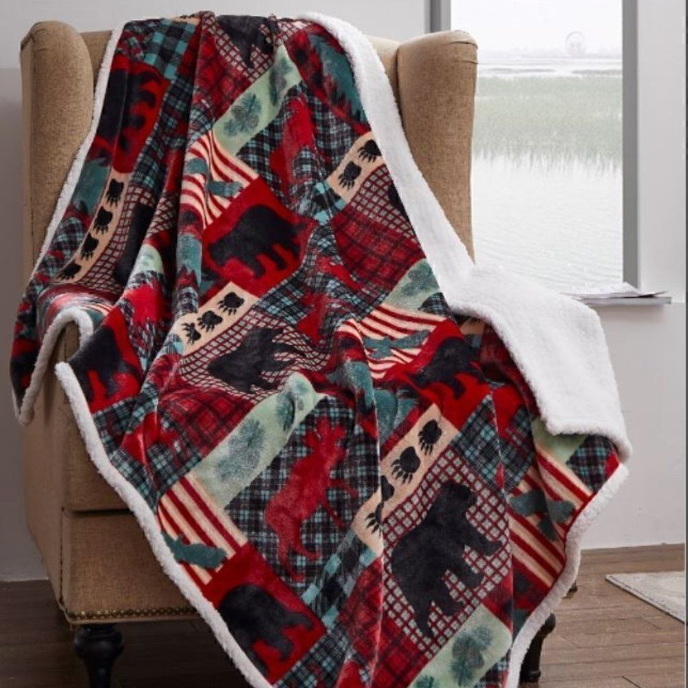 Christmas Lodge Sherpa Throw Blanket Plush Moose